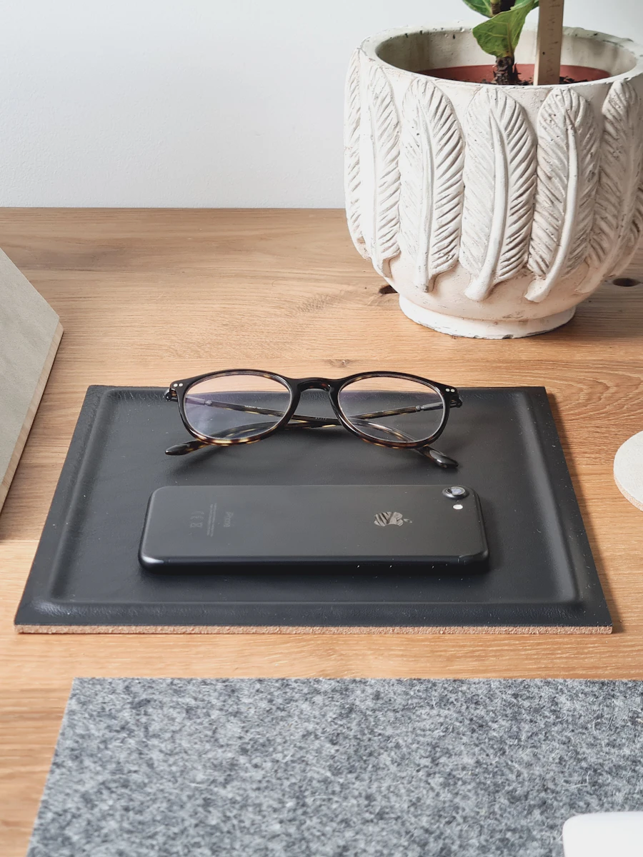 A desk left exactly as its owner got up from it: reading glasses and a phone on a tray, a plant, nobody sitting there.