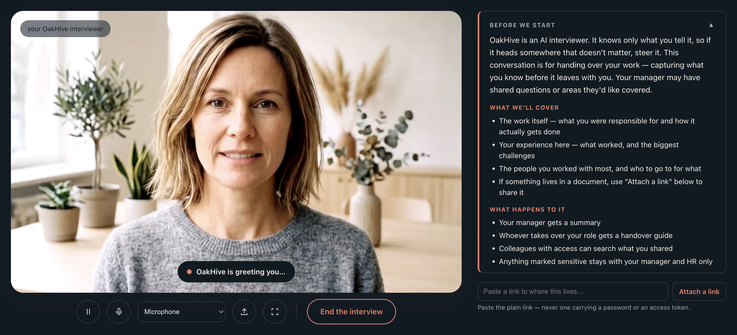 The OakHive interview window: the AI interviewer greeting on video, with the 'Before we start' notes and a link field beside her.